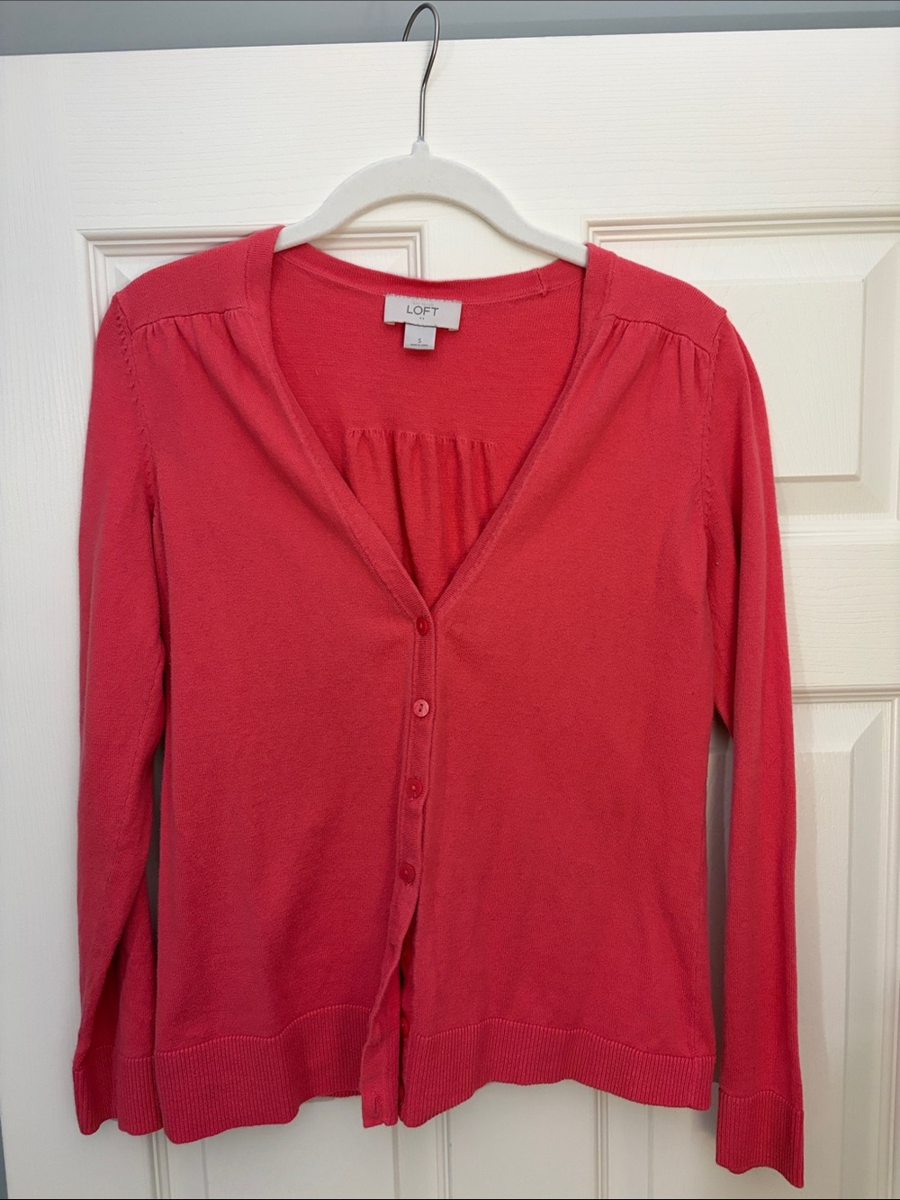LOFT Coral Pink Button-Front V-Neck Cardigan